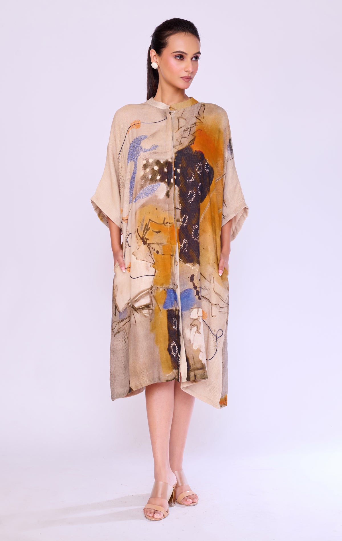 Abstract-Print Linen Kaftan Dress