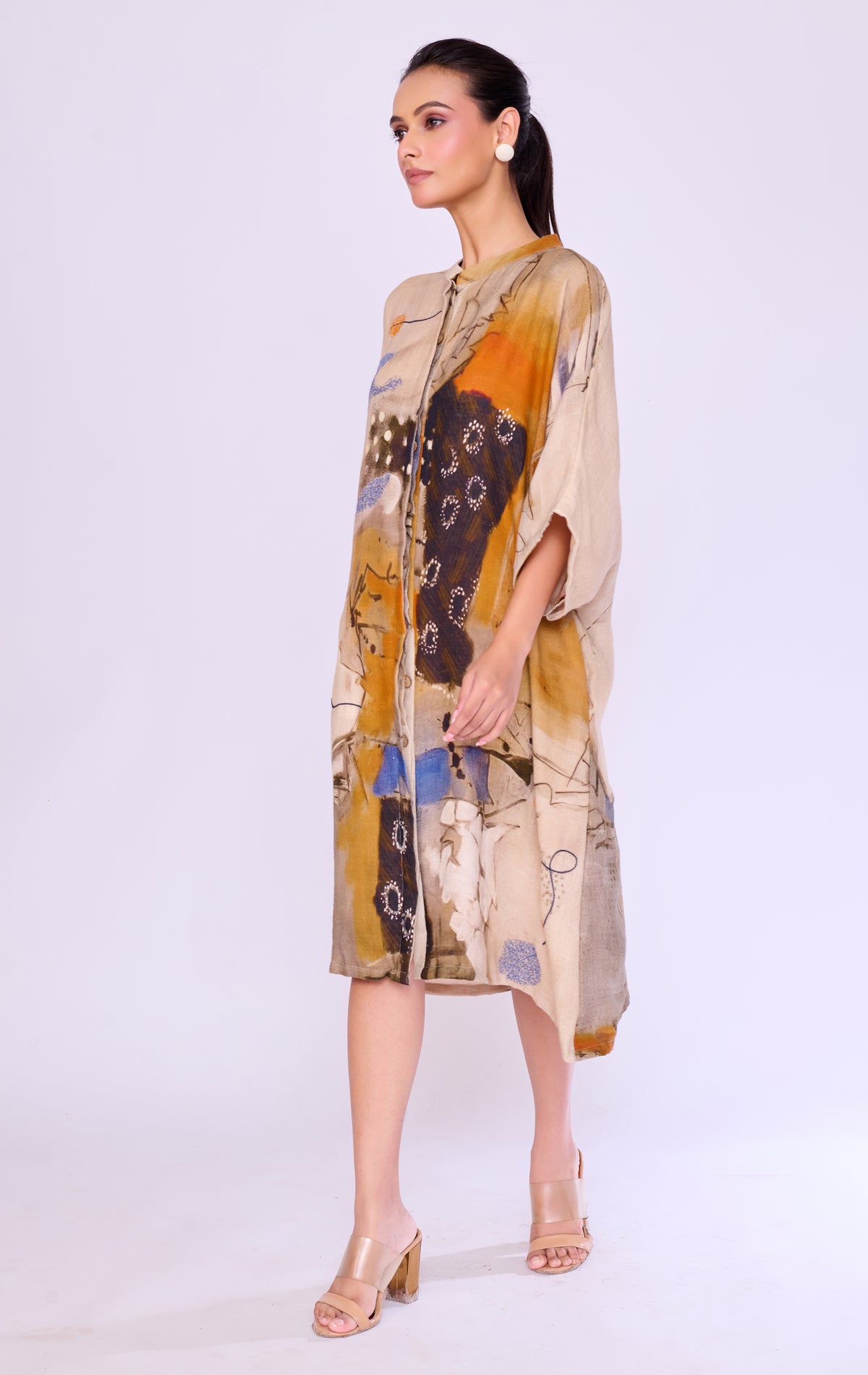 Abstract-Print Linen Kaftan Dress