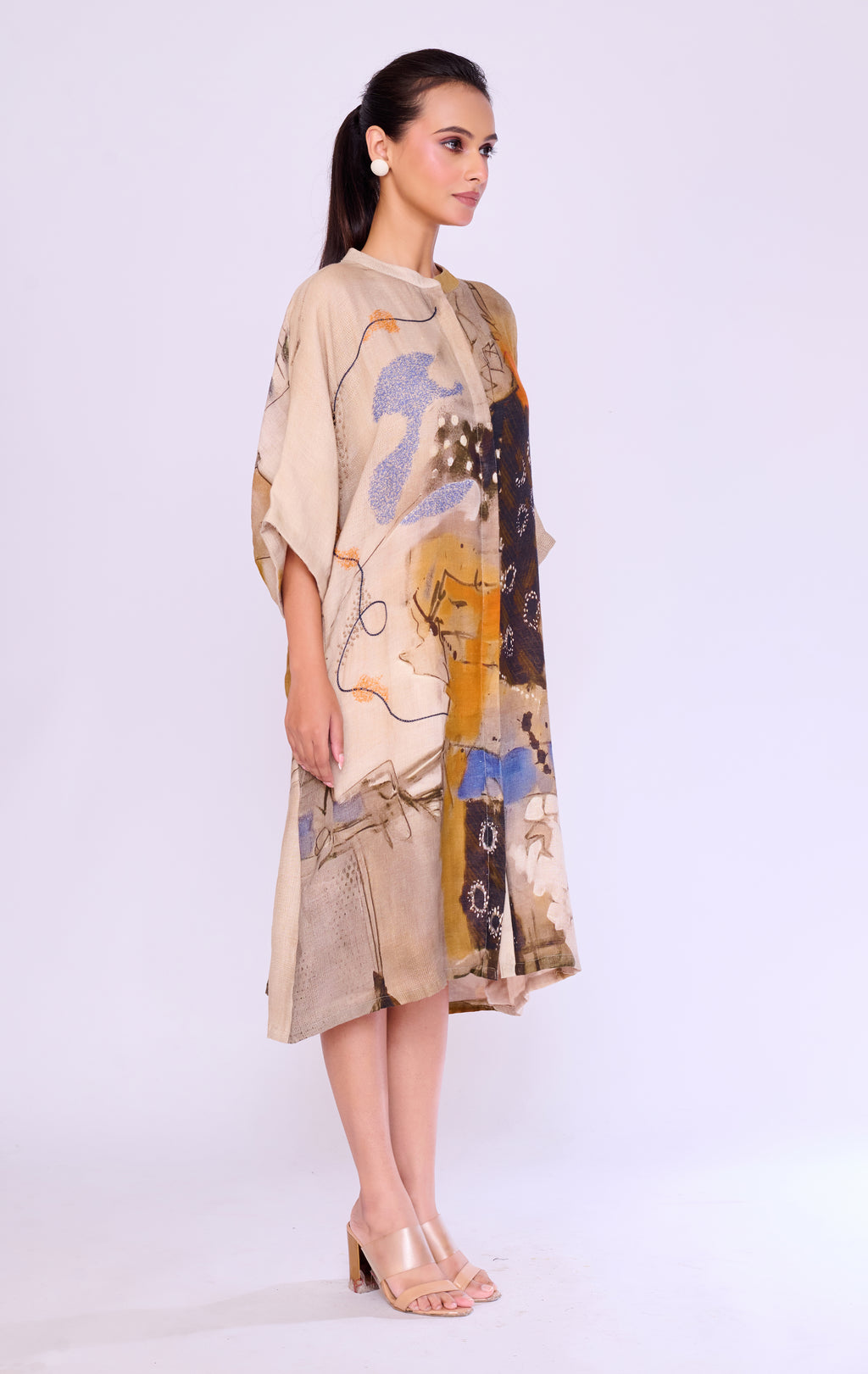 Abstract-Print Linen Kaftan Dress