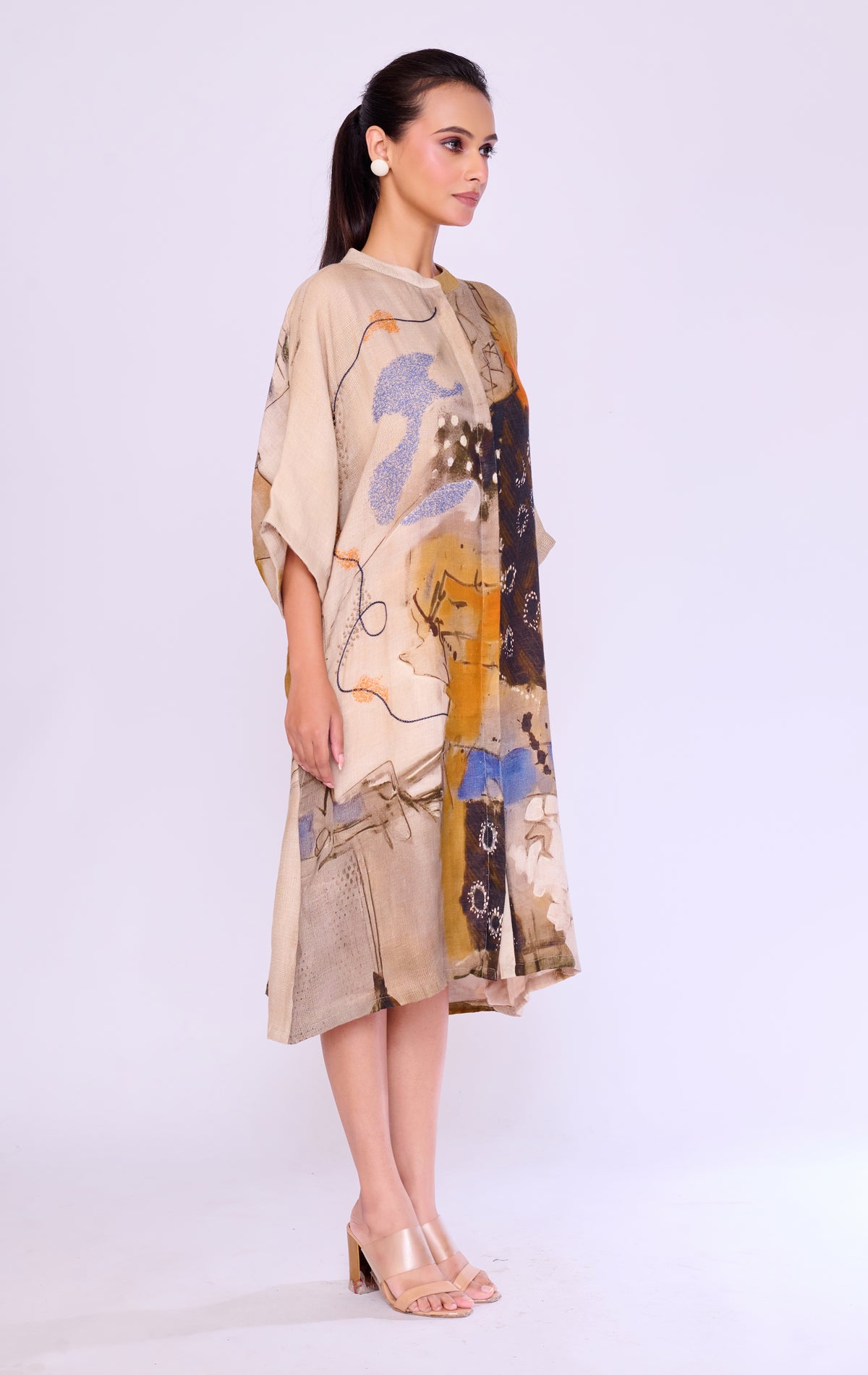 Abstract-Print Linen Kaftan Dress