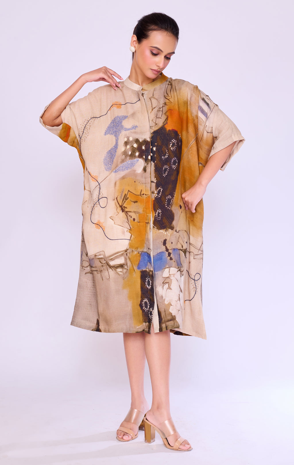 Abstract-Print Linen Kaftan Dress