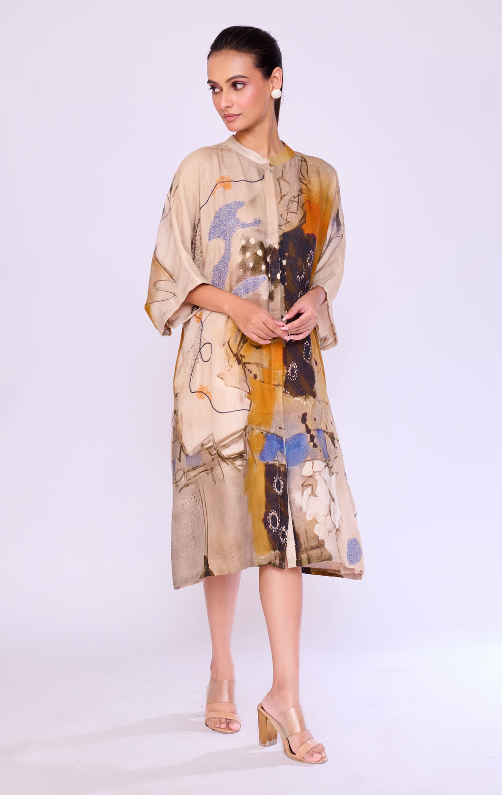 Abstract-Print Linen Kaftan Dress