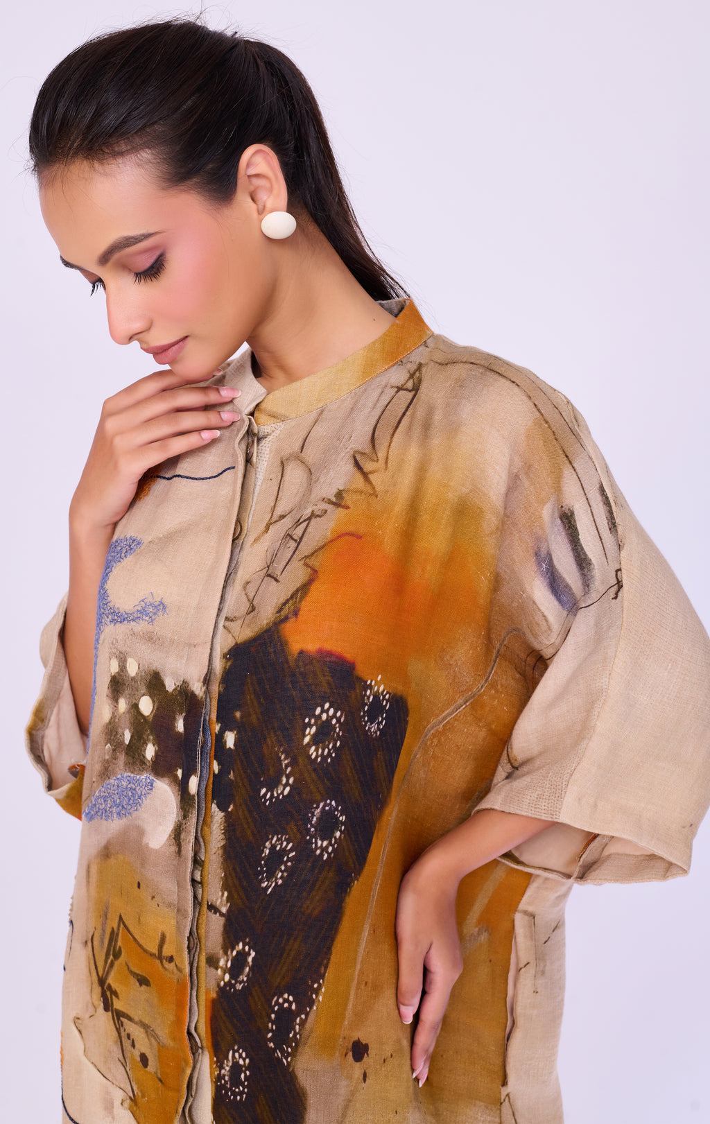 Abstract-Print Linen Kaftan Dress