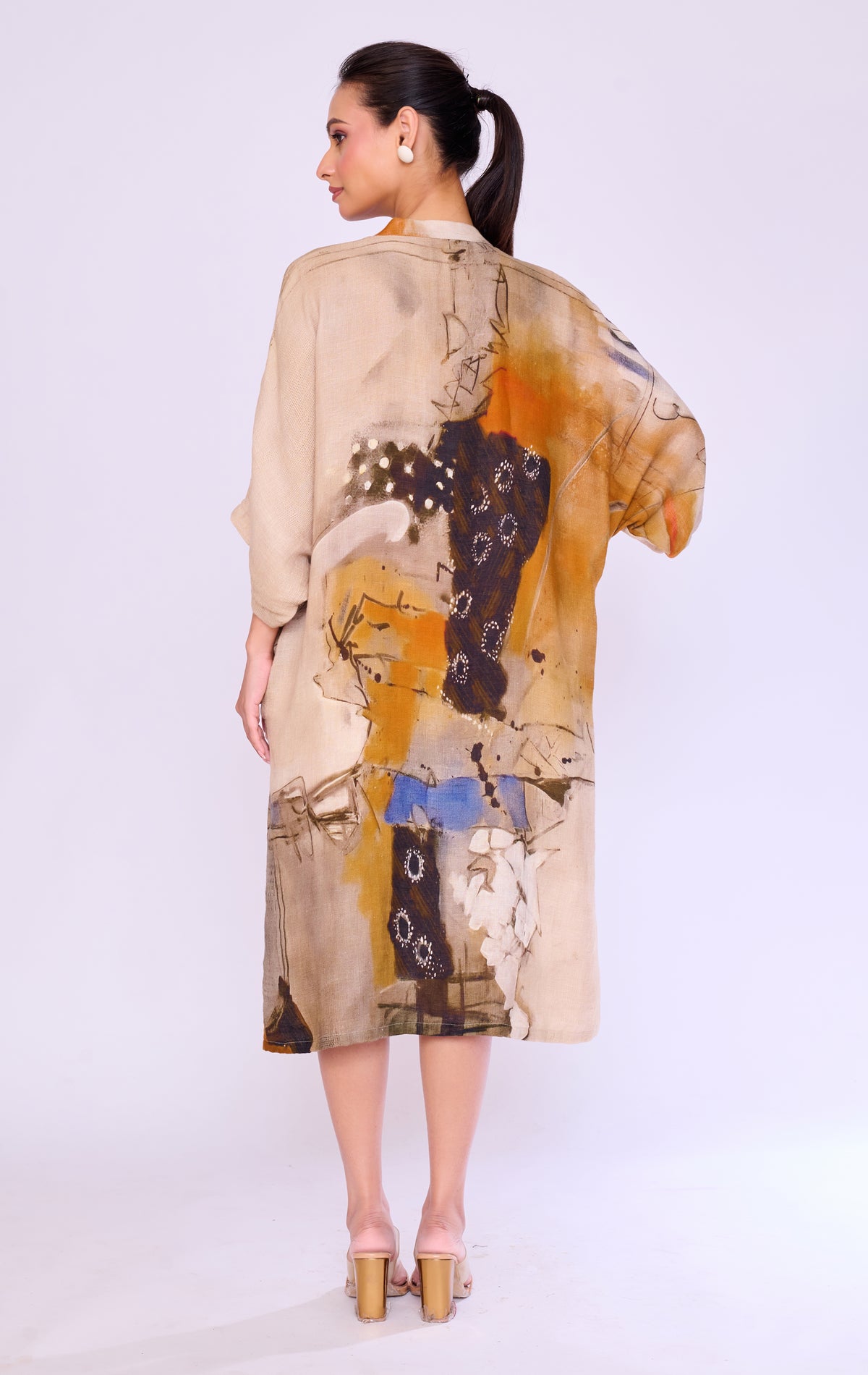Abstract-Print Linen Kaftan Dress