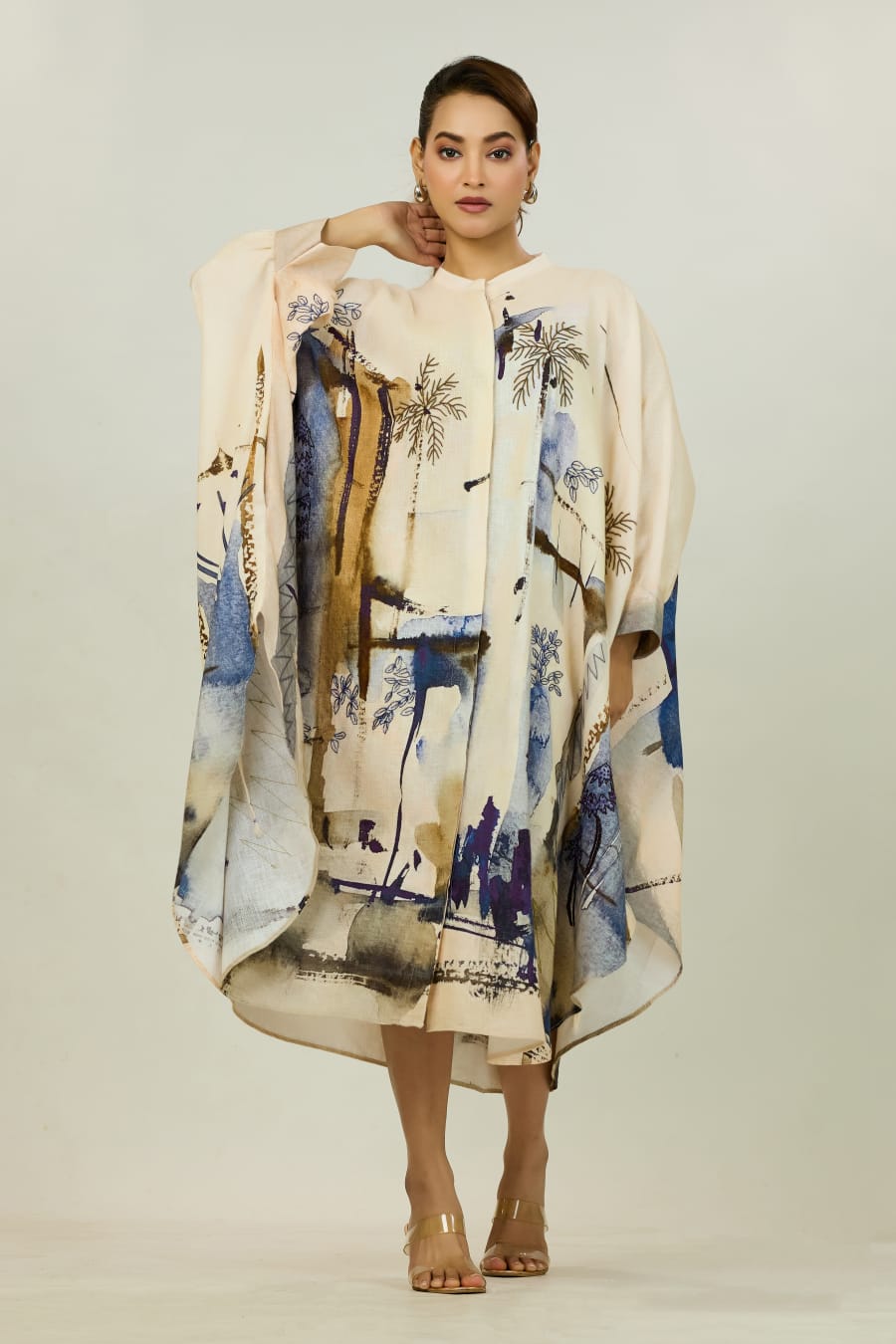 Landscape-Print Kaftan Dress