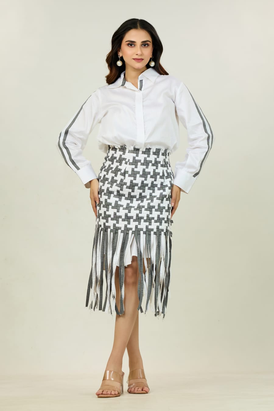 Shirt with Houndstooth Fringe Skirt Set