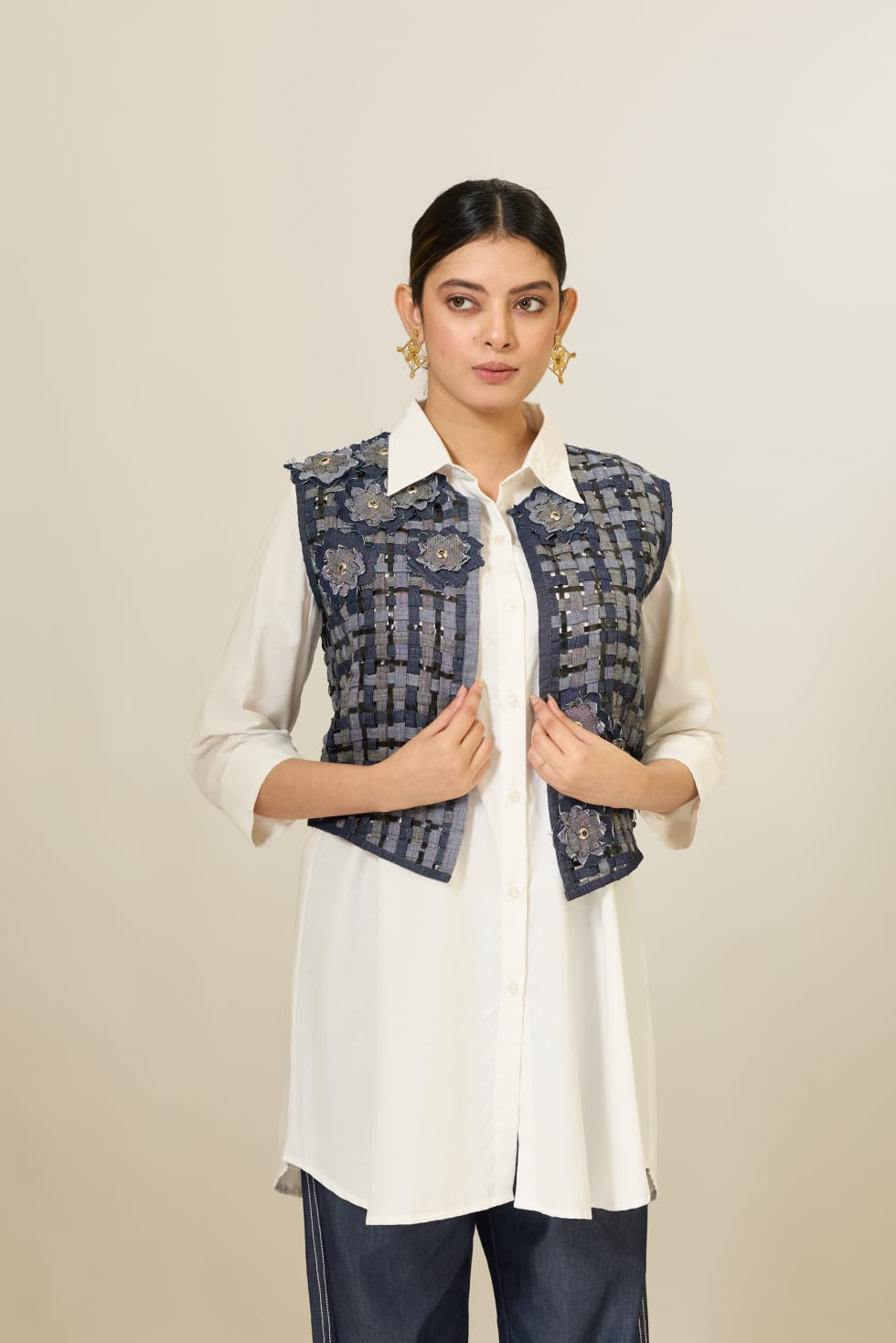 Basket-Weave Waistcoat, Tunic & Denim Set