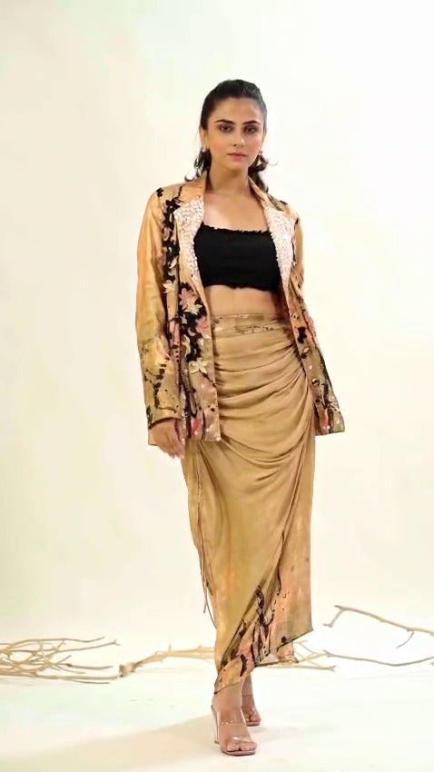 Beige & Gold Floral Blazer, Bustier & Dhoti Set