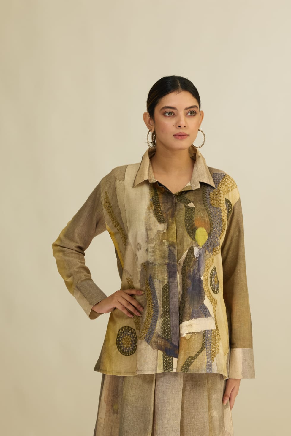Linen Shirt & Pleated Skirt Set