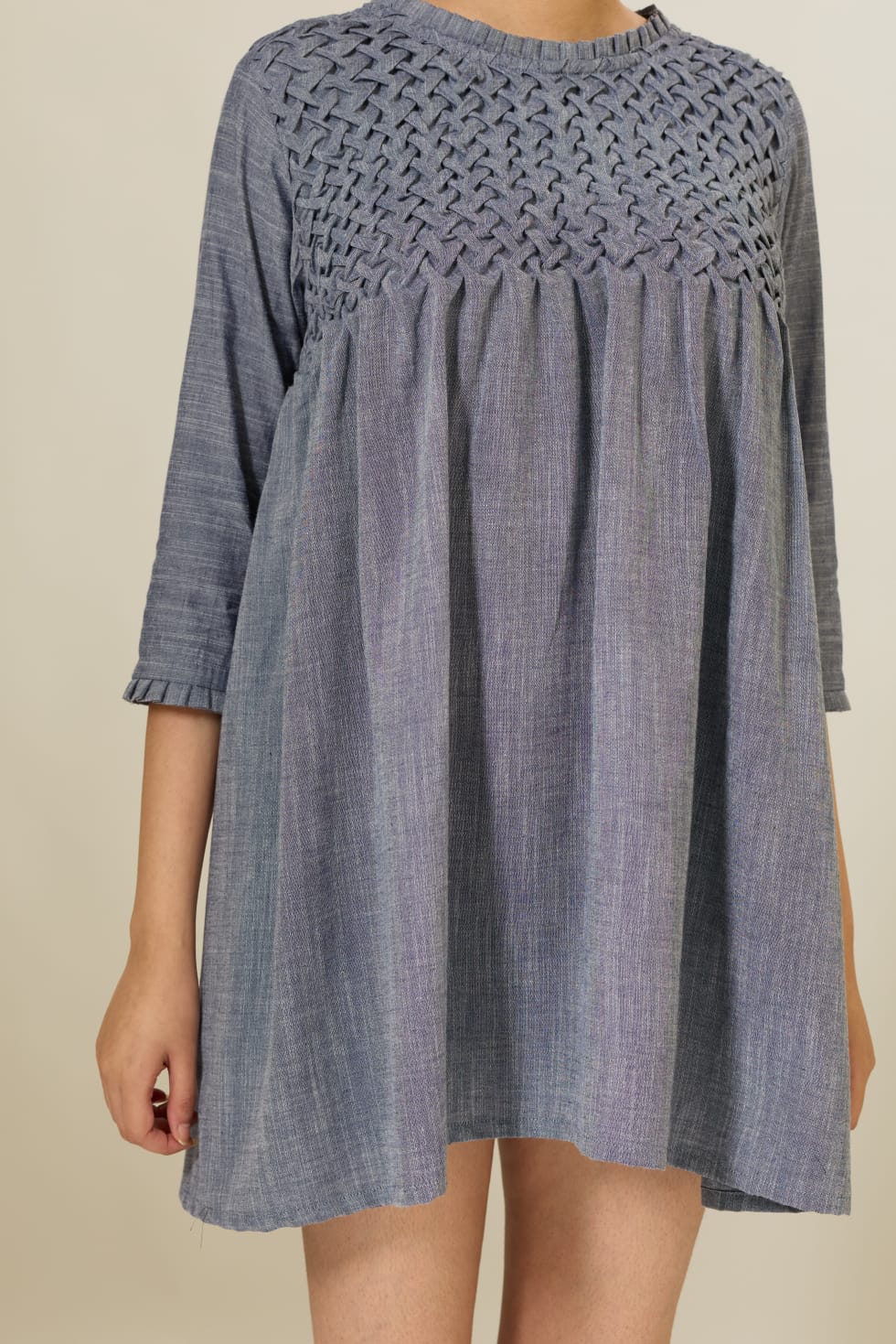 Denim Hand-Smocked Mini Dress