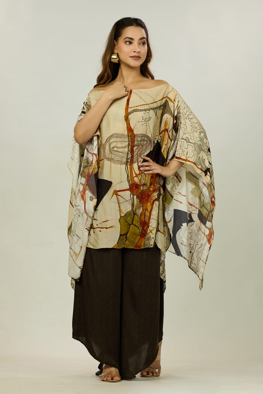 Beige Abstract-Print Kaftan Tunic Set