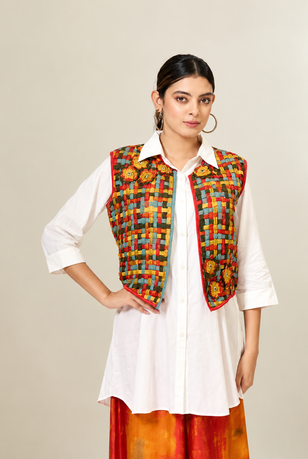 Basket-Weave Mirror-Work Waistcoat & Shirt Set