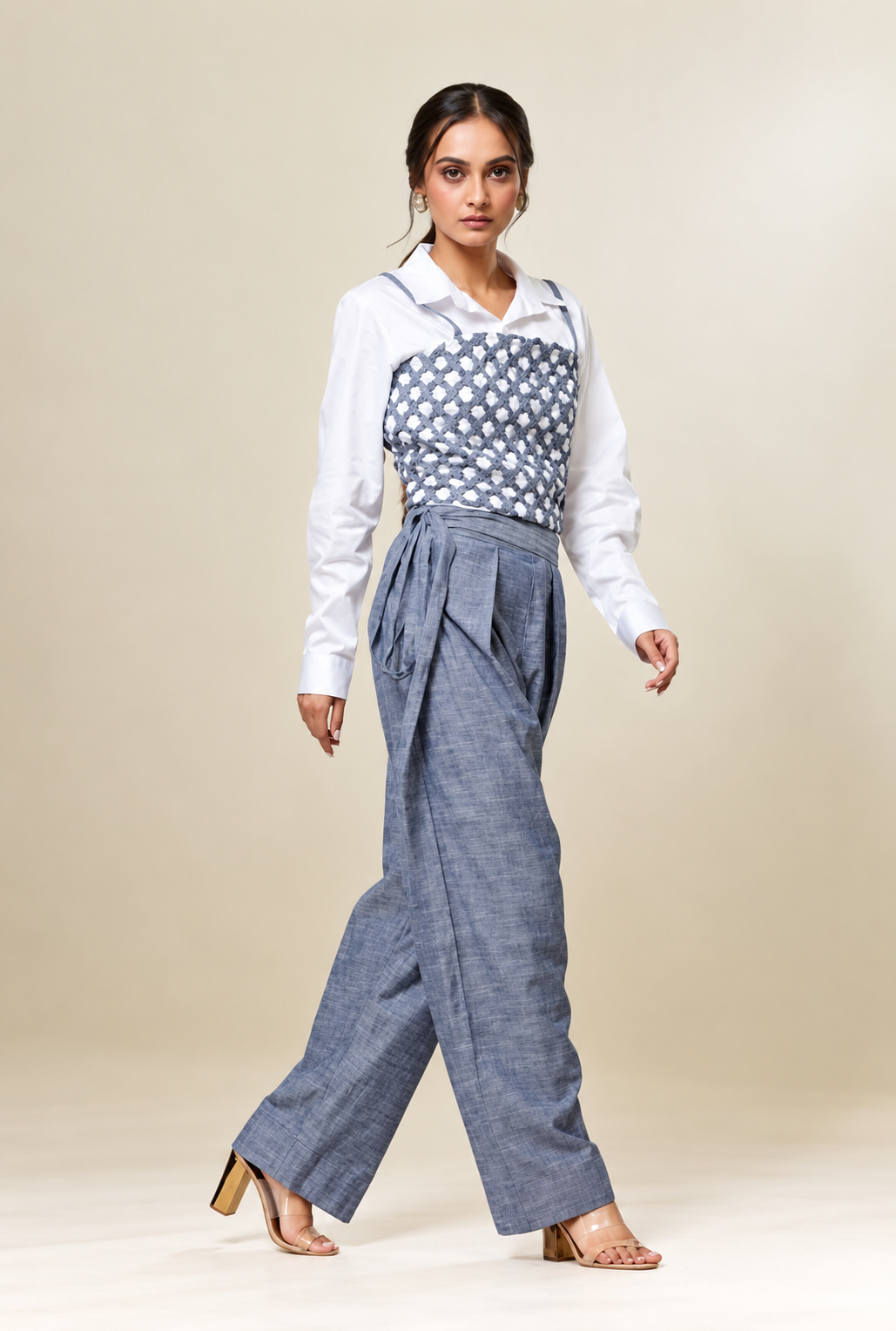 Shirt, Bustier & Wide-Leg Trouser Set