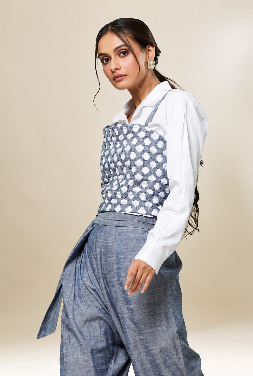 Shirt, Bustier & Wide-Leg Trouser Set