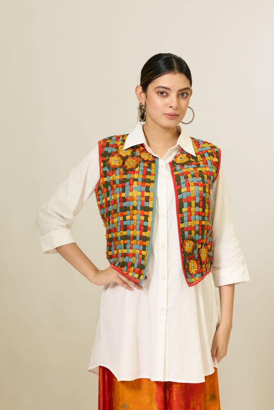 Woven Patti Jacket with Shirt and Palazzo Pants