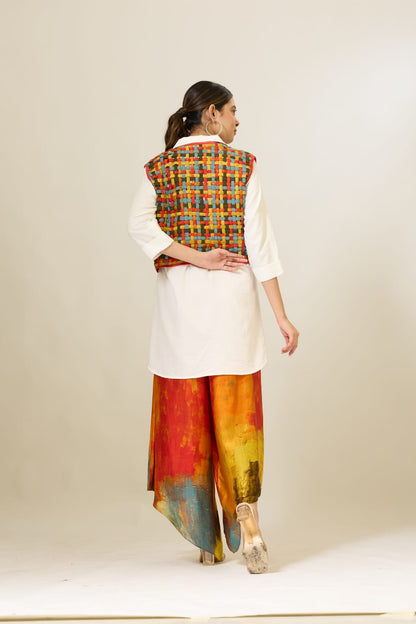 Woven Patti Jacket with Shirt and Palazzo Pants