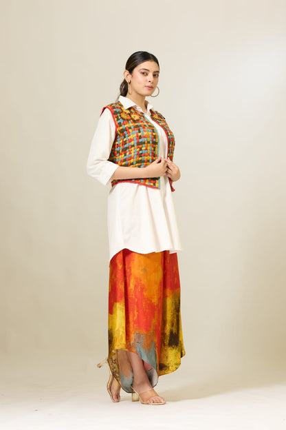 Woven Patti Jacket with Shirt and Palazzo Pants