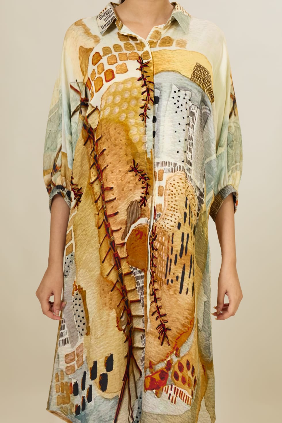 Linen Satin Applique Printed Dress