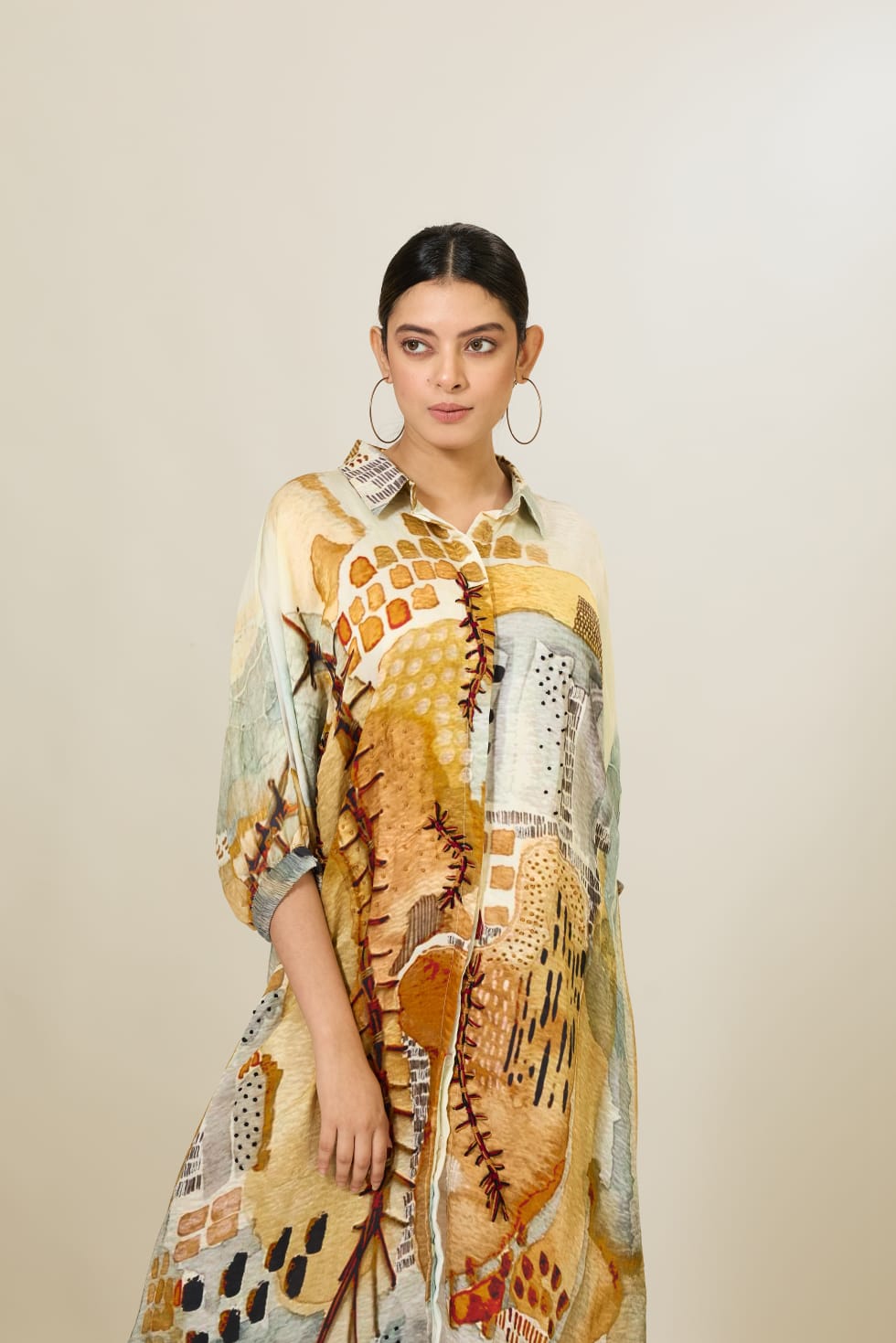 Linen Satin Applique Printed Dress