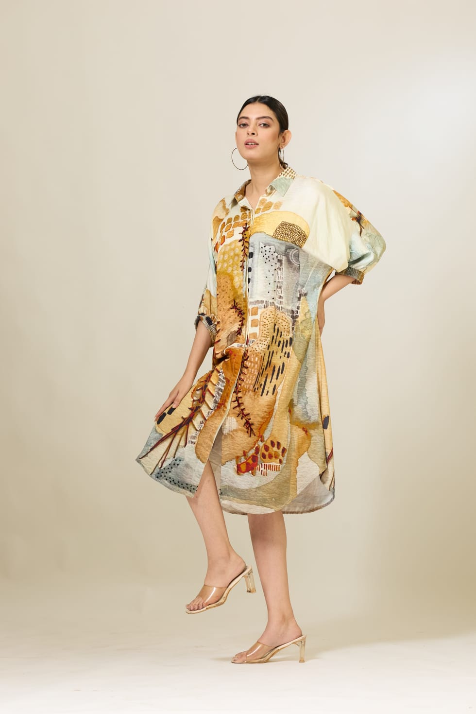 Linen Satin Applique Printed Dress