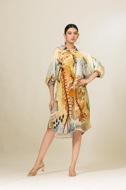 Linen Satin Applique Printed Dress