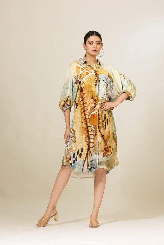 Linen Satin Applique Printed Dress