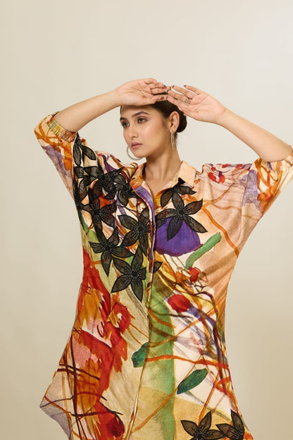 Linen Satin Applique Printed Dress