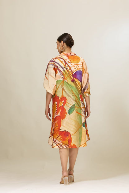 Linen Satin Applique Printed Dress