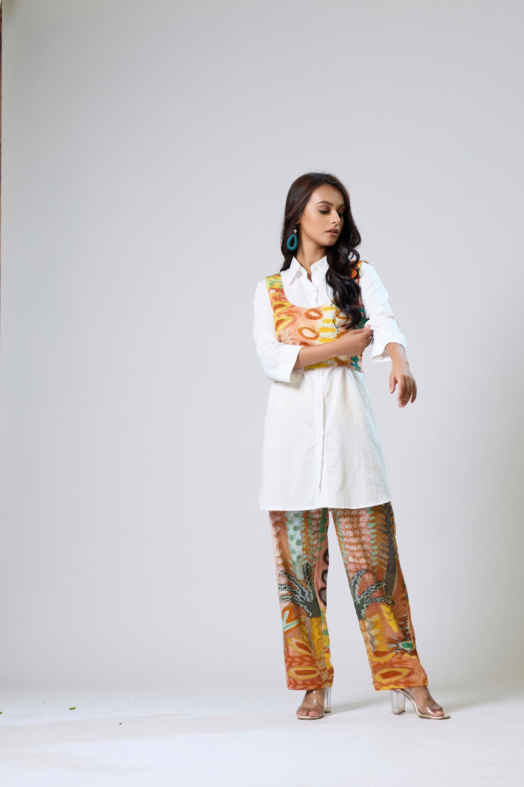 White Shirt With Shrug And Printed Pants