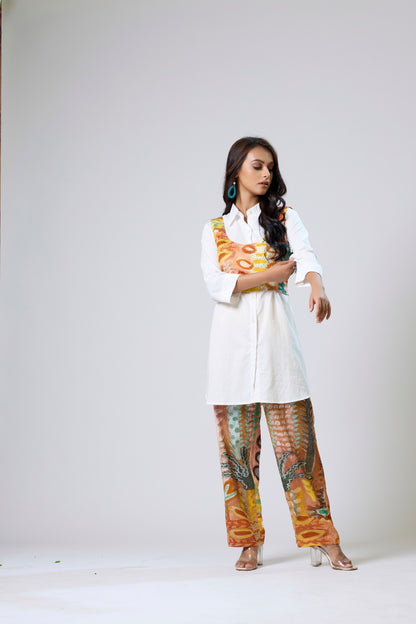 White Shirt With Shrug And Printed Pants