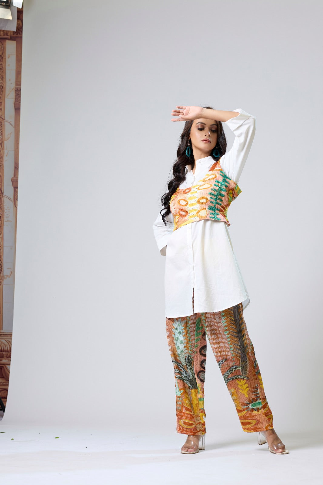 White Shirt With Shrug And Printed Pants