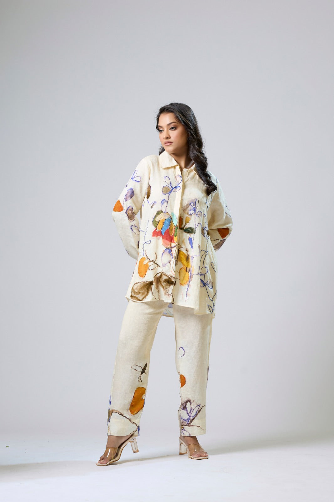Printed Linen Coord With Net Detailing