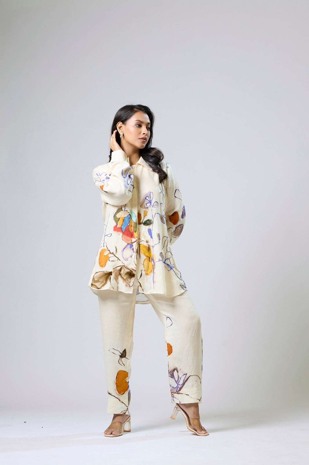 Printed Linen Coord With Net Detailing