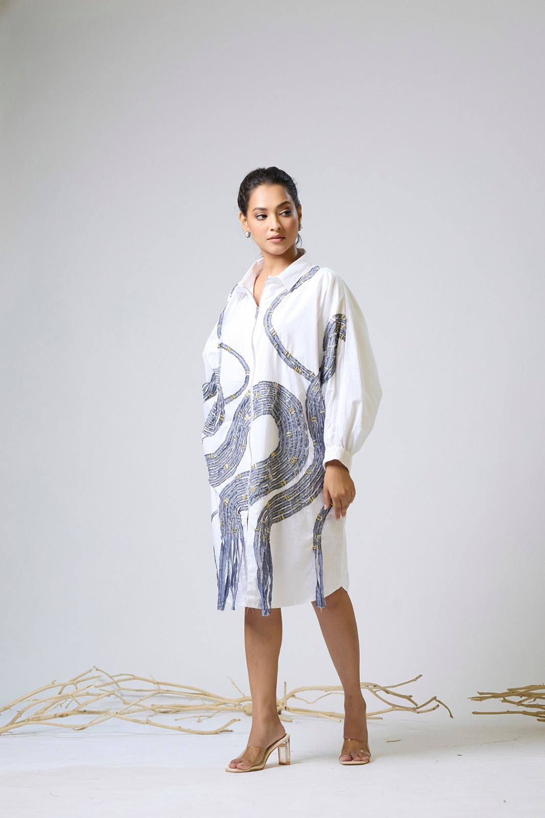 Cotton Linen Dress With Denim And Metal Detailing