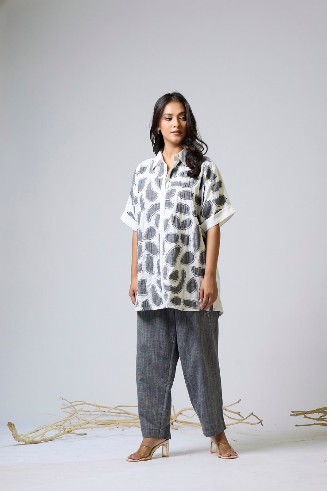 White Cotton Appliqued Top With Denim Pants