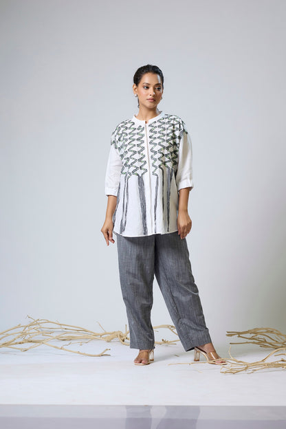 White Linen Shirt With Zigzag Demim Design With Green Thread Detailing