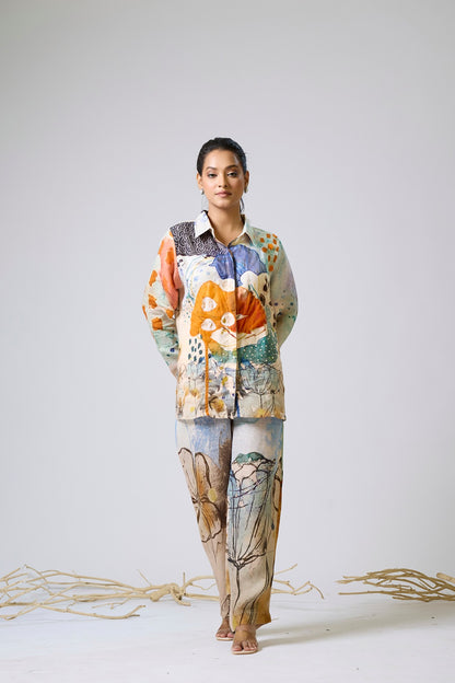 Printed Linen Coord With Sequence And Net Detailing