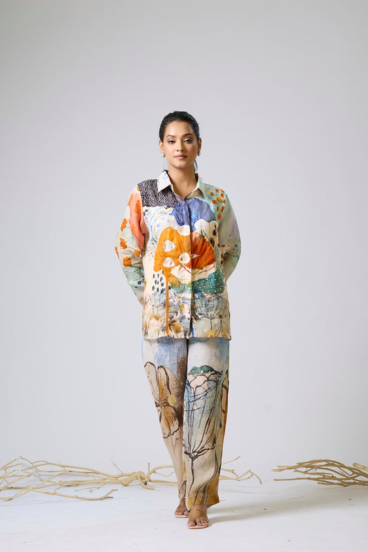 Printed Linen Coord With Sequence And Net Detailing