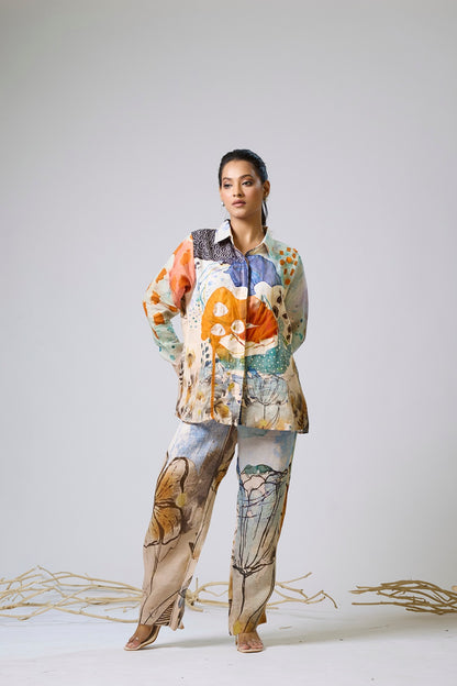 Printed Linen Coord With Sequence And Net Detailing