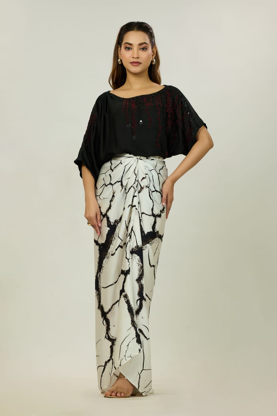 Mirror-Work Top & Dhoti Wrap Skirt Set