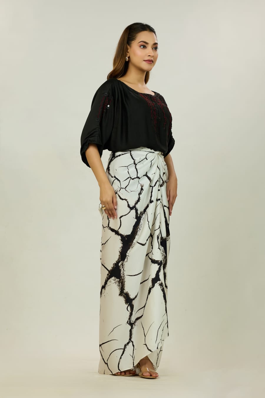Mirror-Work Top & Dhoti Wrap Skirt Set
