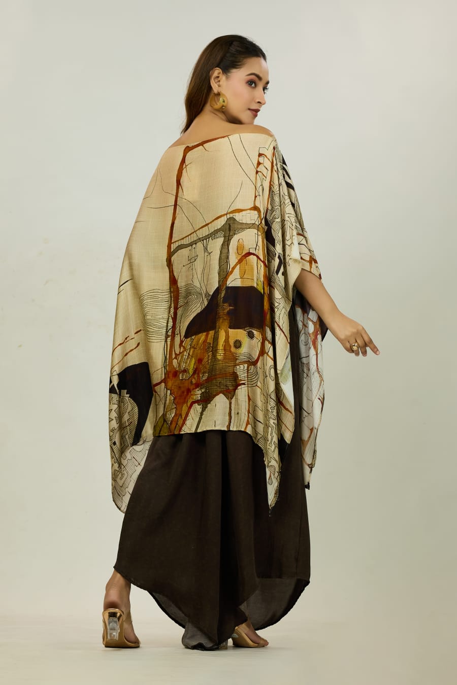 Beige Abstract-Print Kaftan Tunic Set