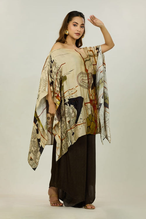 Beige Abstract-Print Kaftan Tunic Set