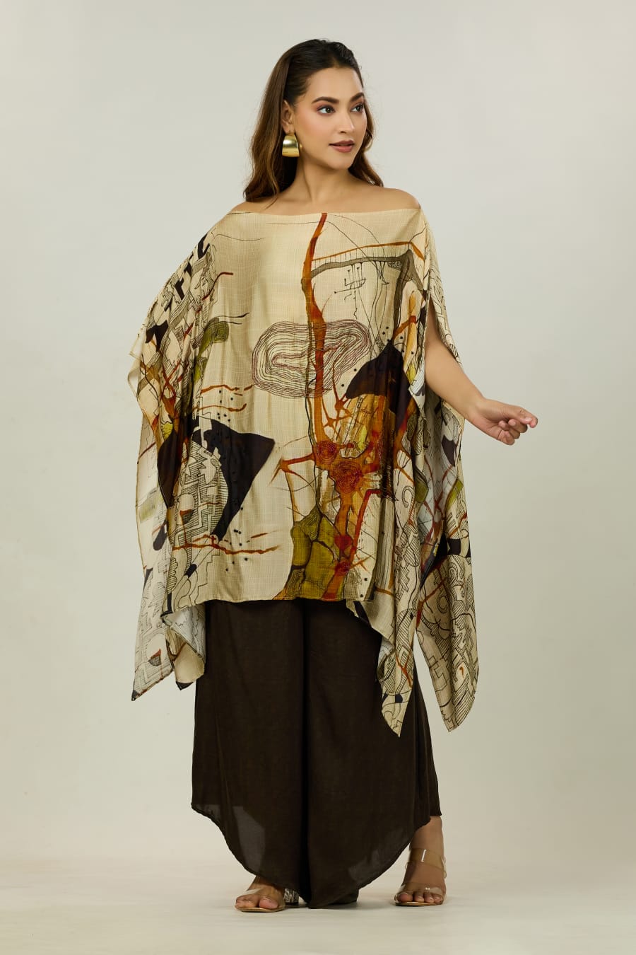 Beige Abstract-Print Kaftan Tunic Set
