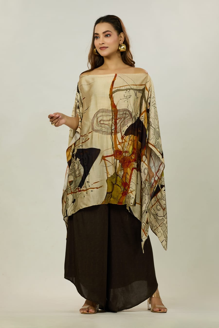 Beige Abstract-Print Kaftan Tunic Set