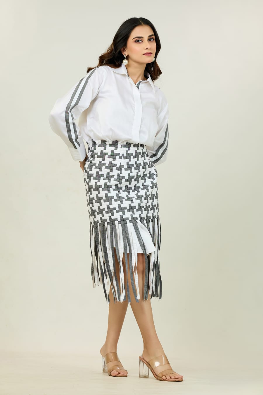 Shirt with Houndstooth Fringe Skirt Set
