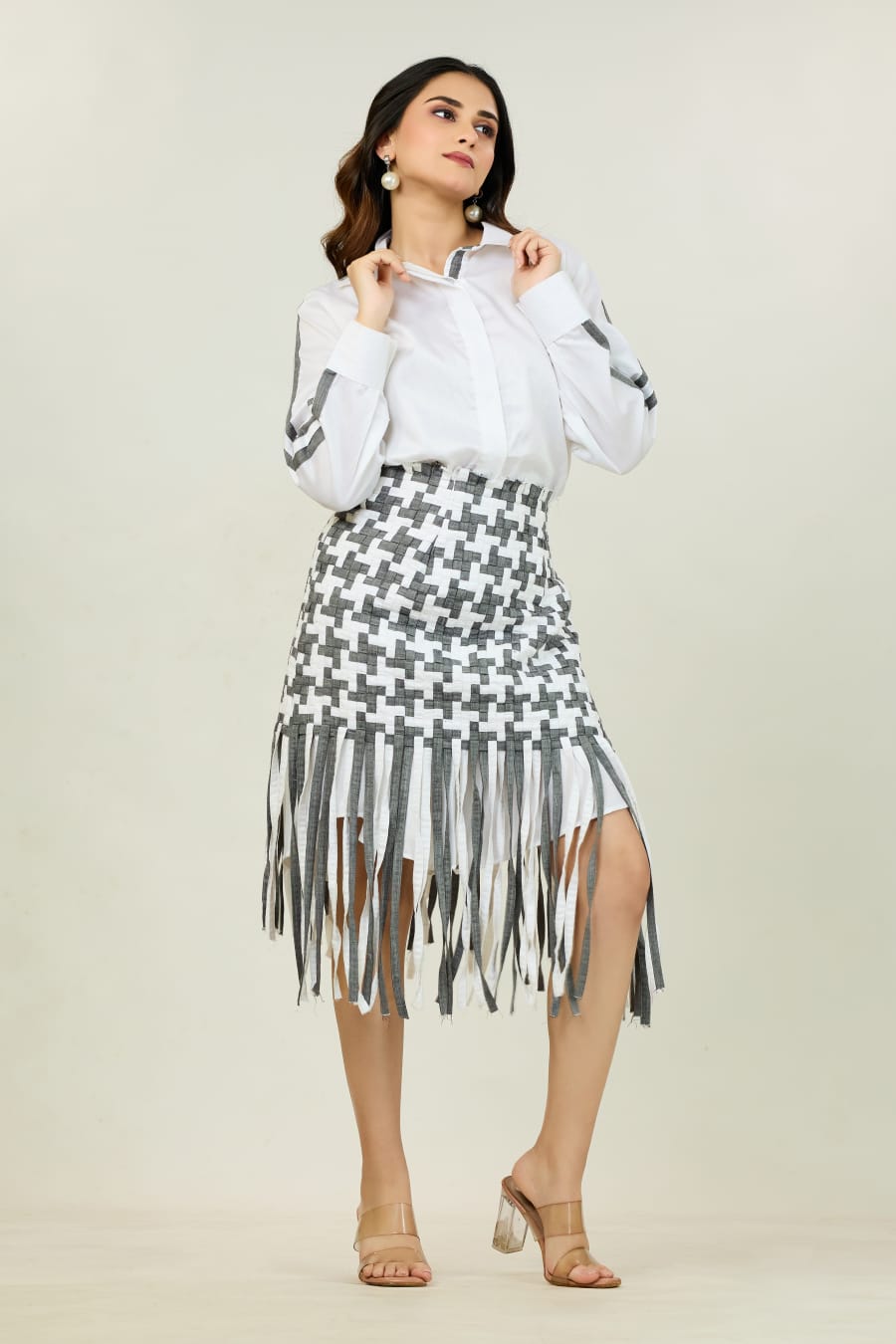 Shirt with Houndstooth Fringe Skirt Set