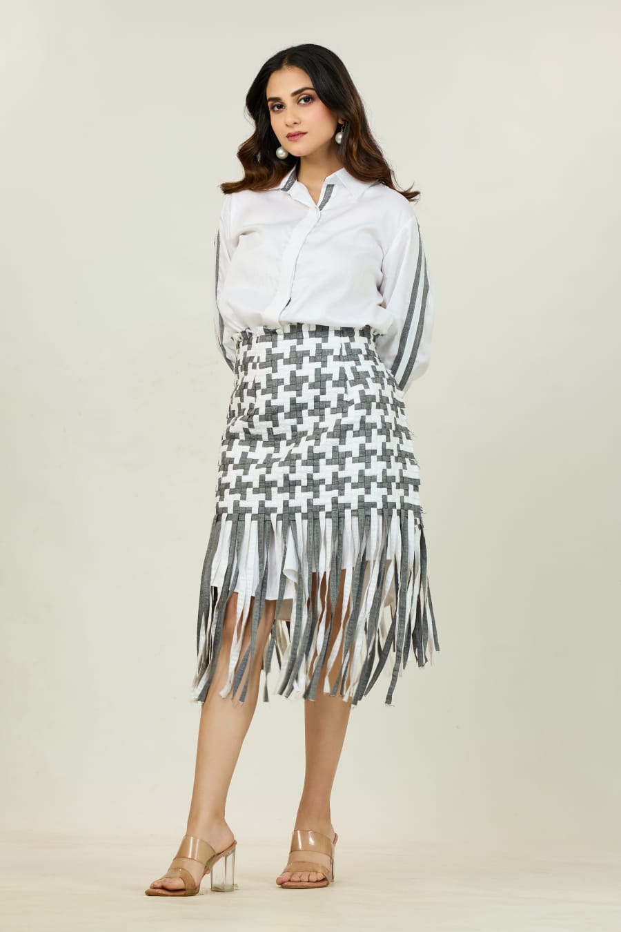 Shirt with Houndstooth Fringe Skirt Set