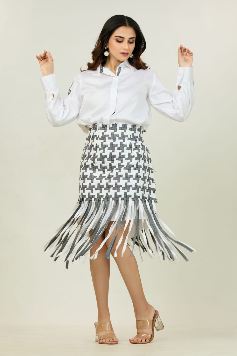 Shirt with Houndstooth Fringe Skirt Set