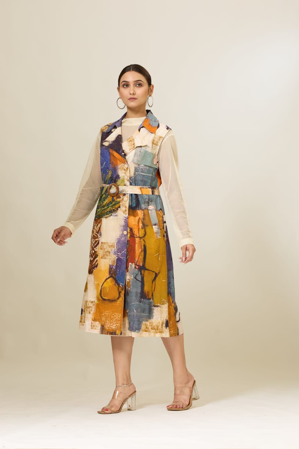 Abstract-Print Trench Coat Dress